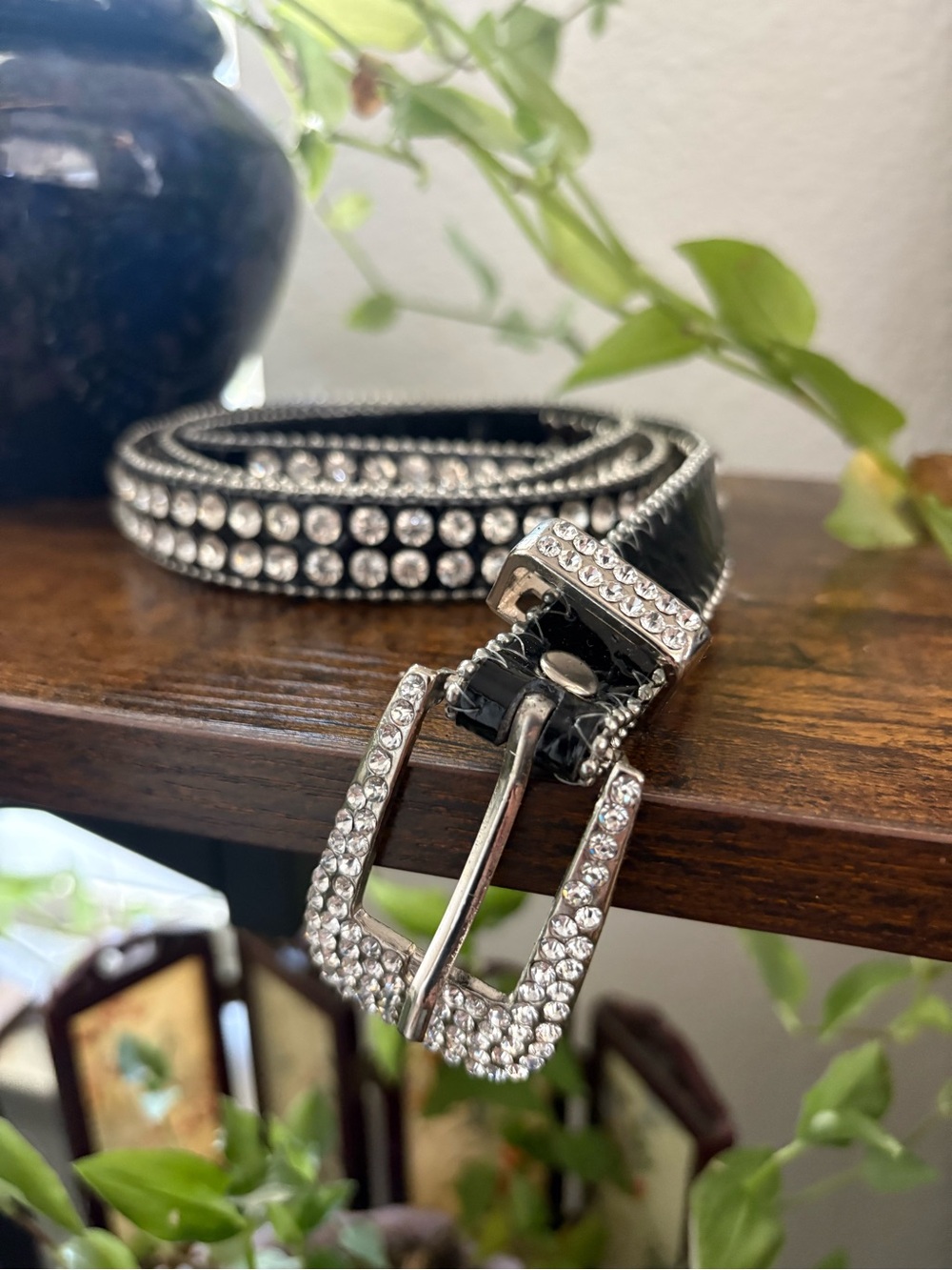 Rhinestone Accent 1” Width Black Women's Belt Western Bohemian Gypsy 44” Length